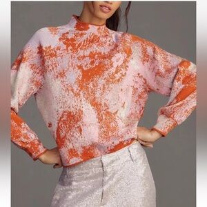 Anthropologie The Beatriz Mock Neck Sweater Medium M Orange Metallic Pullover